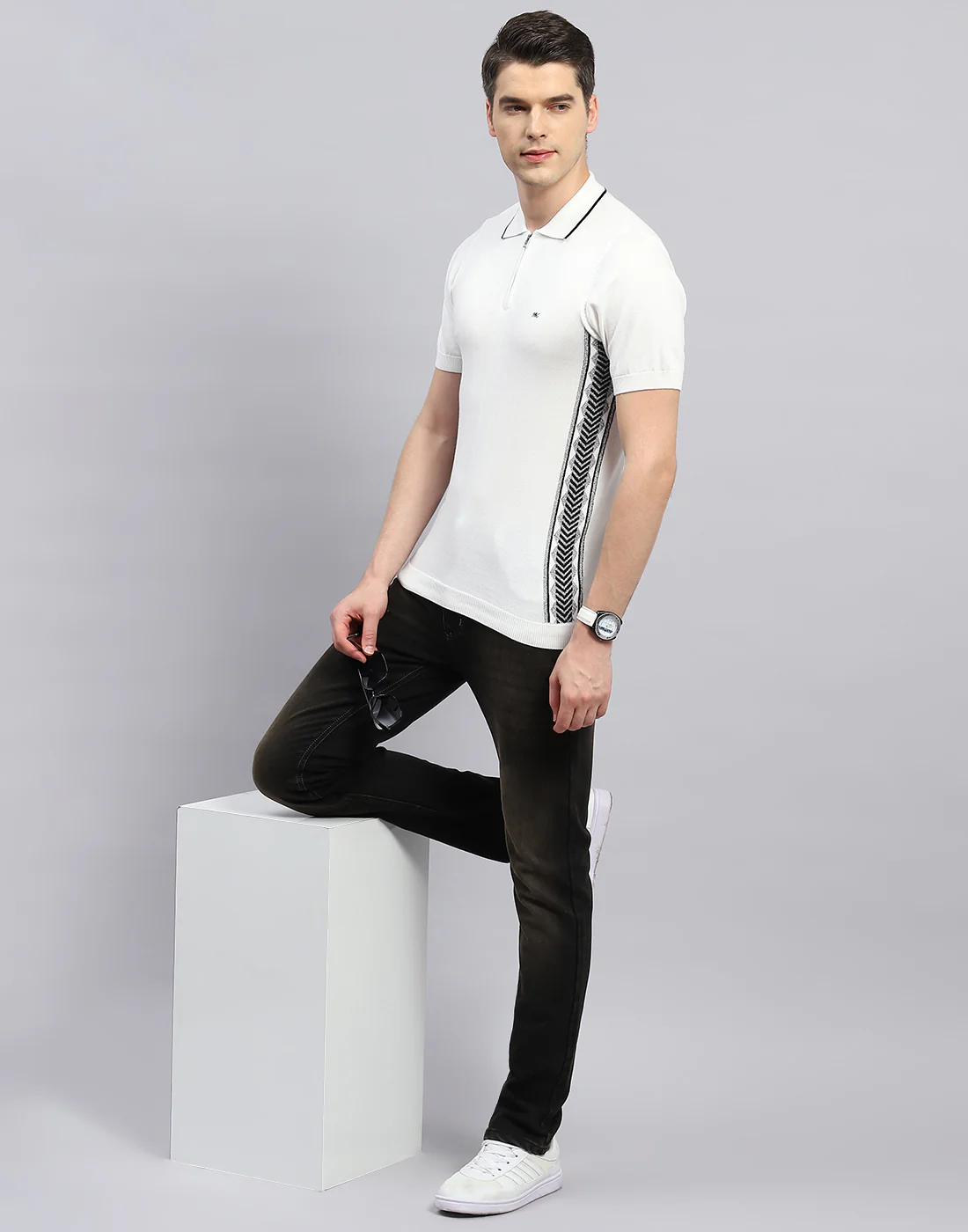 Men White Printed Polo Collar Half Sleeve T-Shirt - Image 2