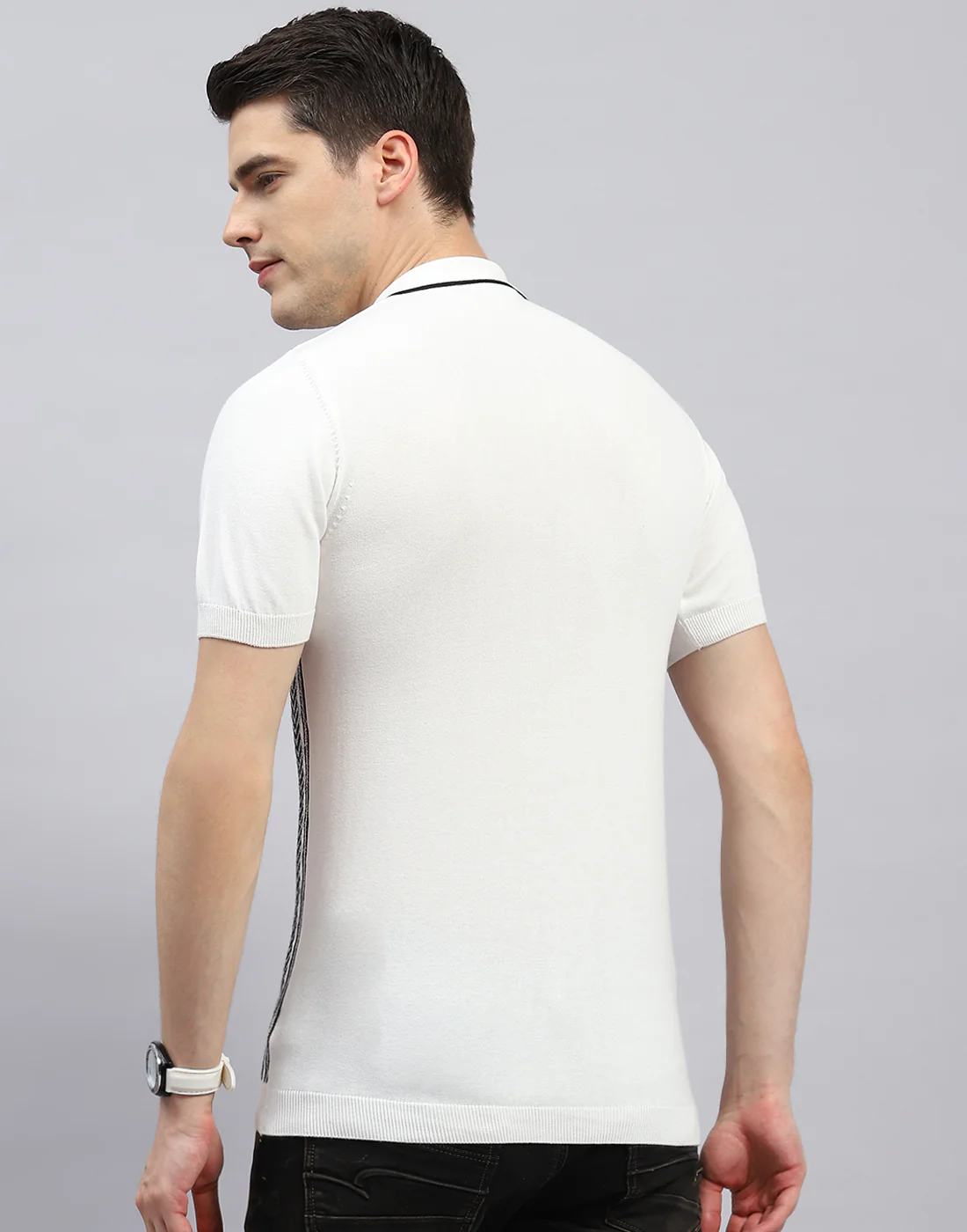 Men White Printed Polo Collar Half Sleeve T-Shirt - Image 5