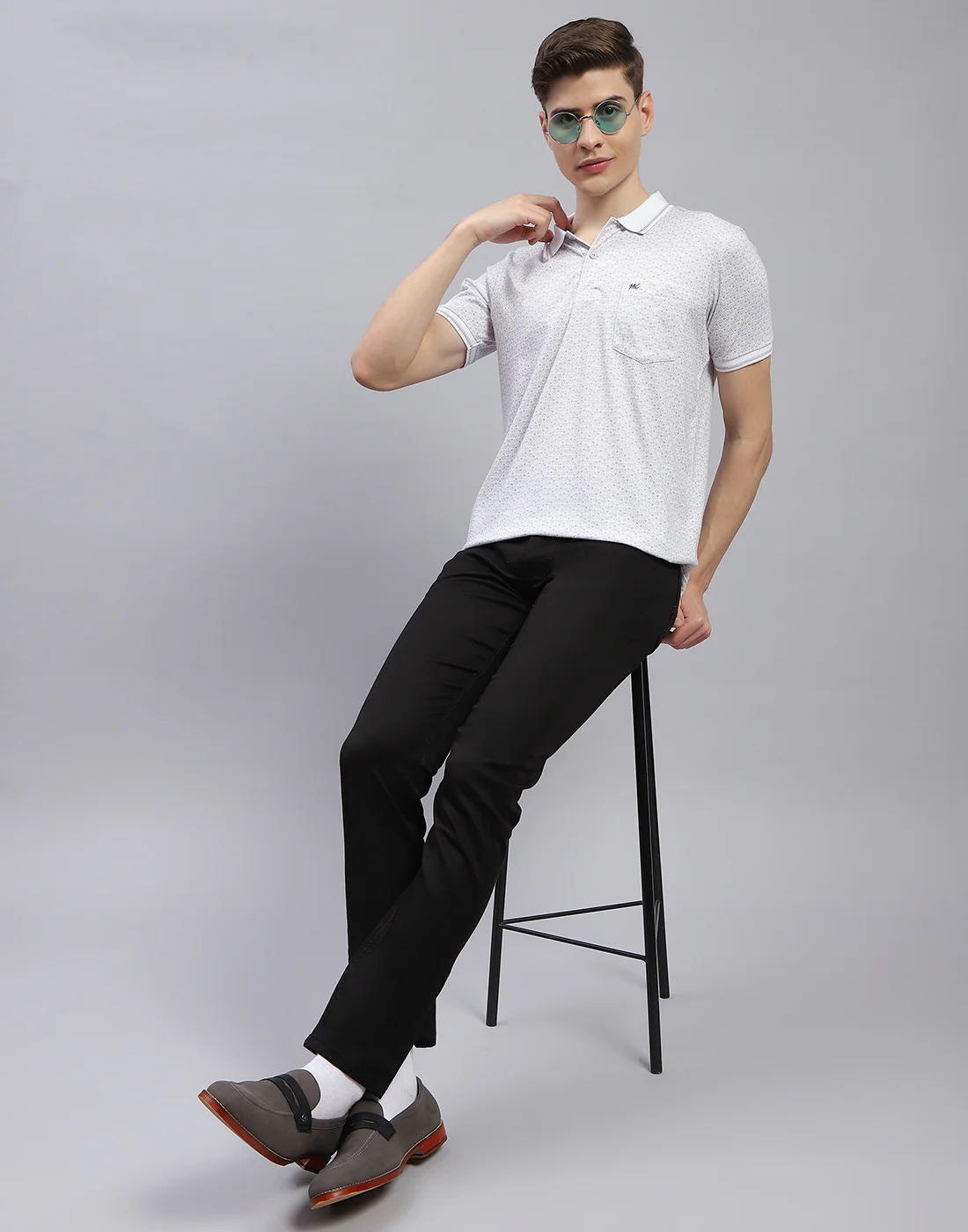 Men White Printed Polo Collar Half Sleeve T-Shirt - Image 2