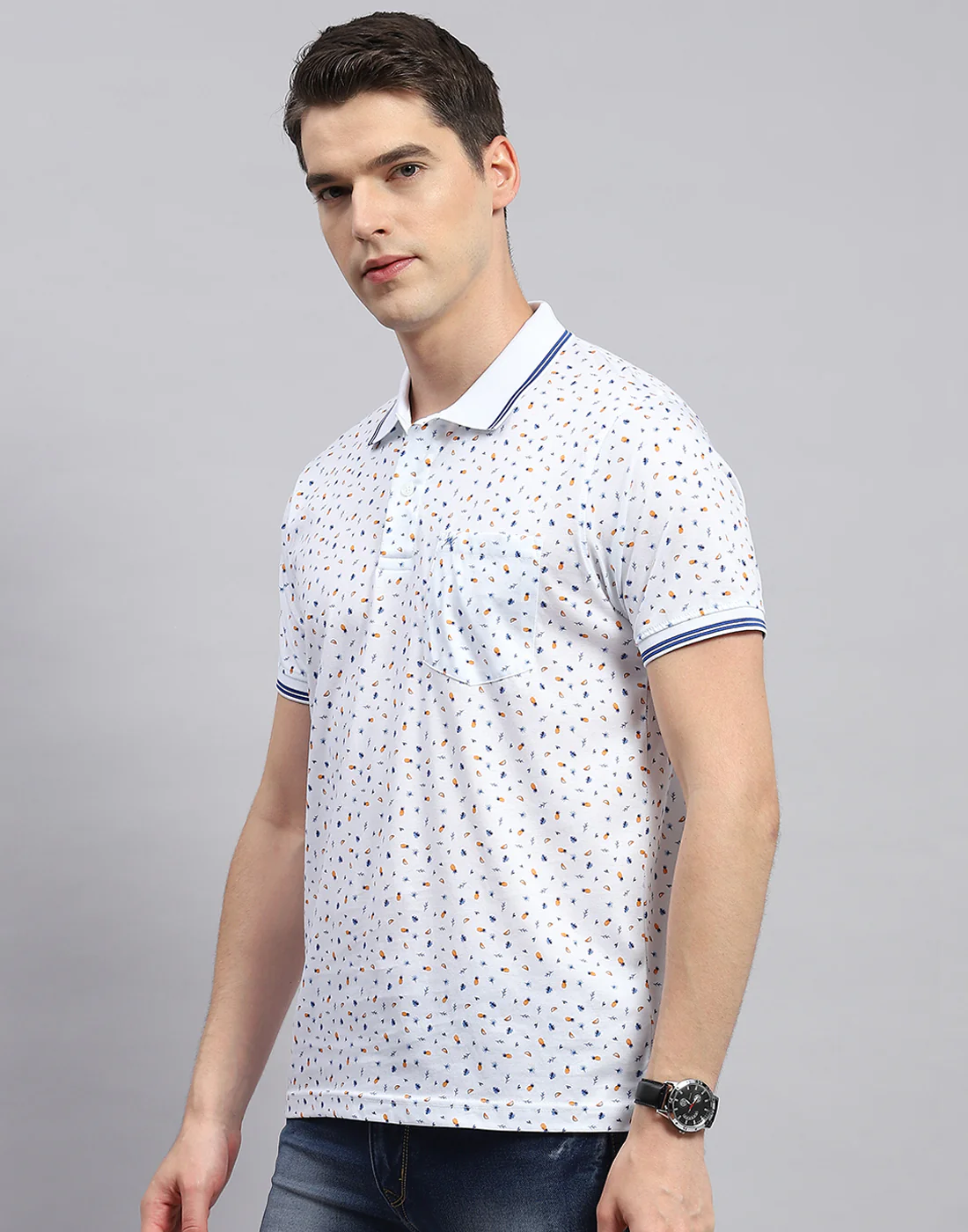 Men White Printed Polo Collar Half Sleeve T-Shirt - Image 3