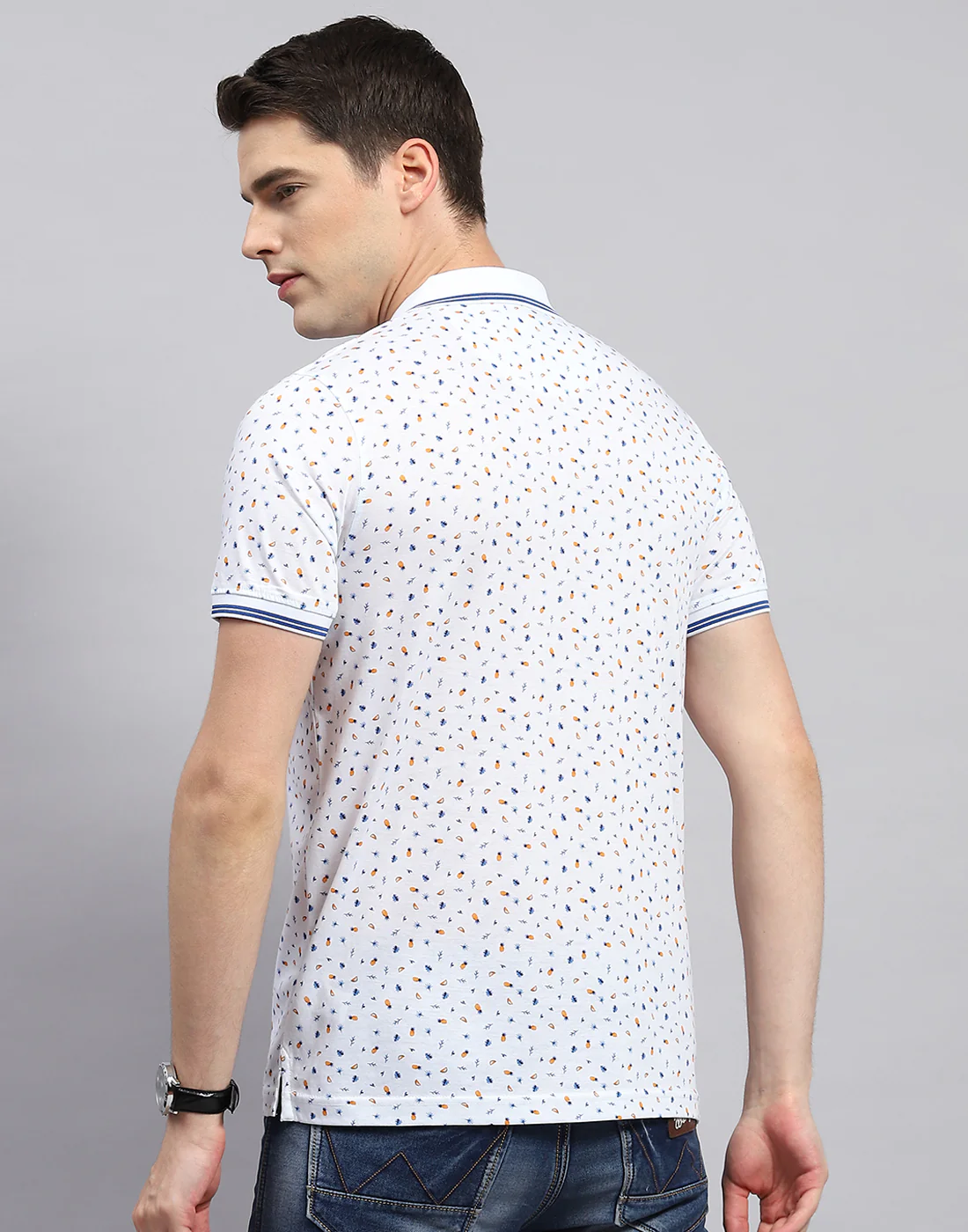 Men White Printed Polo Collar Half Sleeve T-Shirt - Image 5