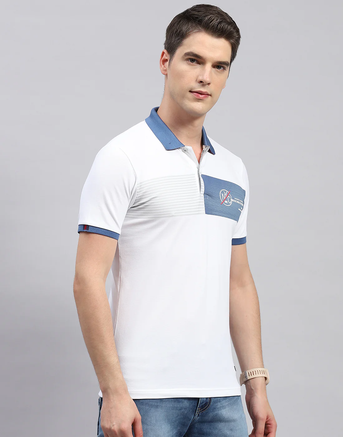 Men White Printed Polo Collar Half Sleeve T-Shirt - Image 4