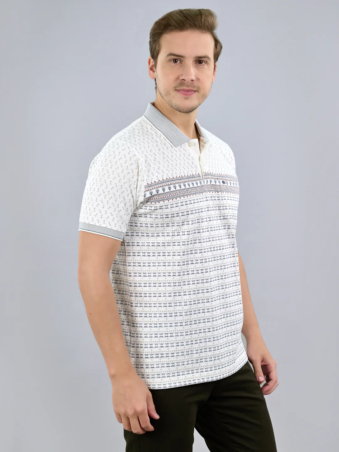 Men White Printed Polo Collar Half Sleeve T-Shirt - Image 2