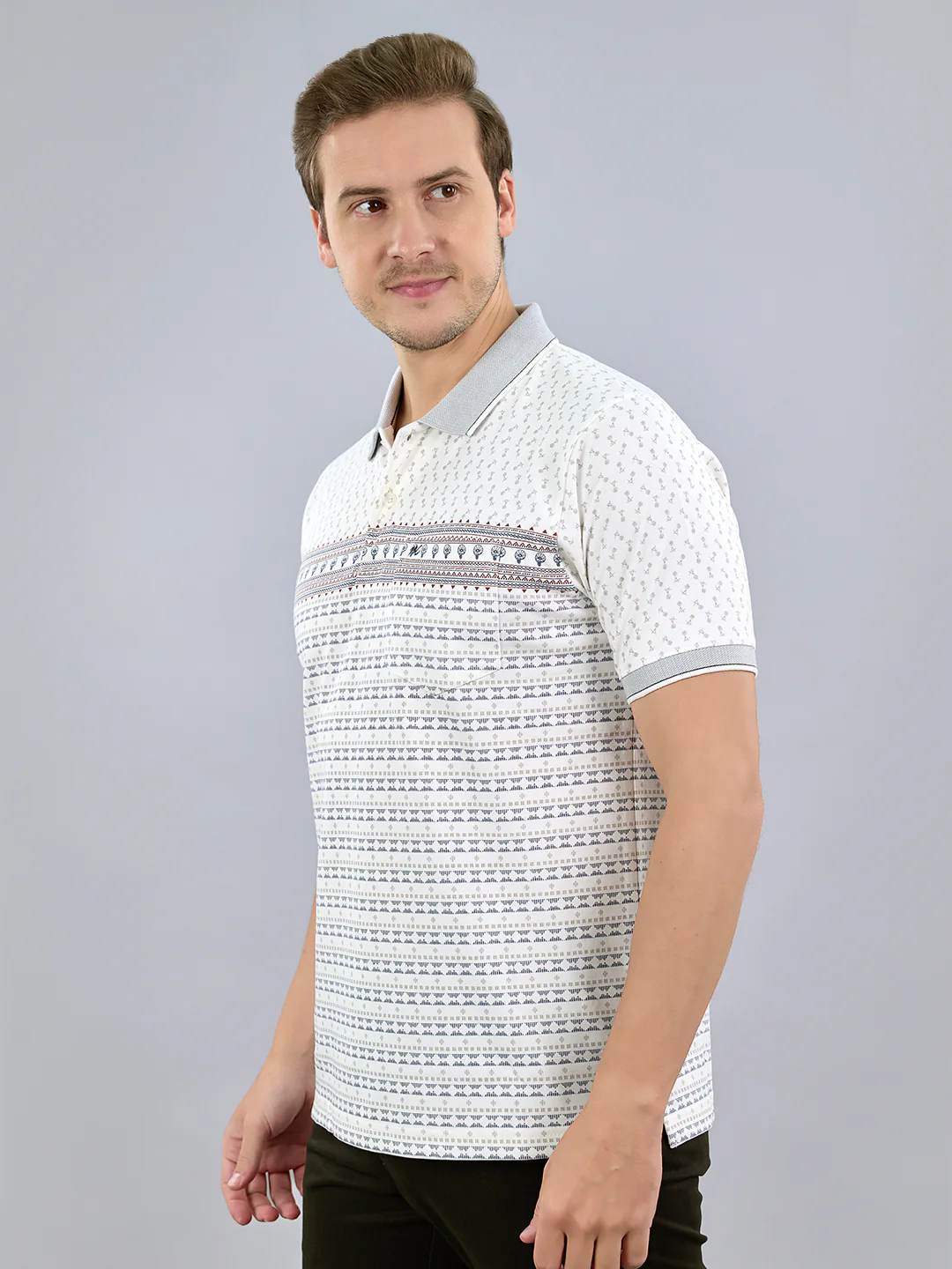 Men White Printed Polo Collar Half Sleeve T-Shirt - Image 3