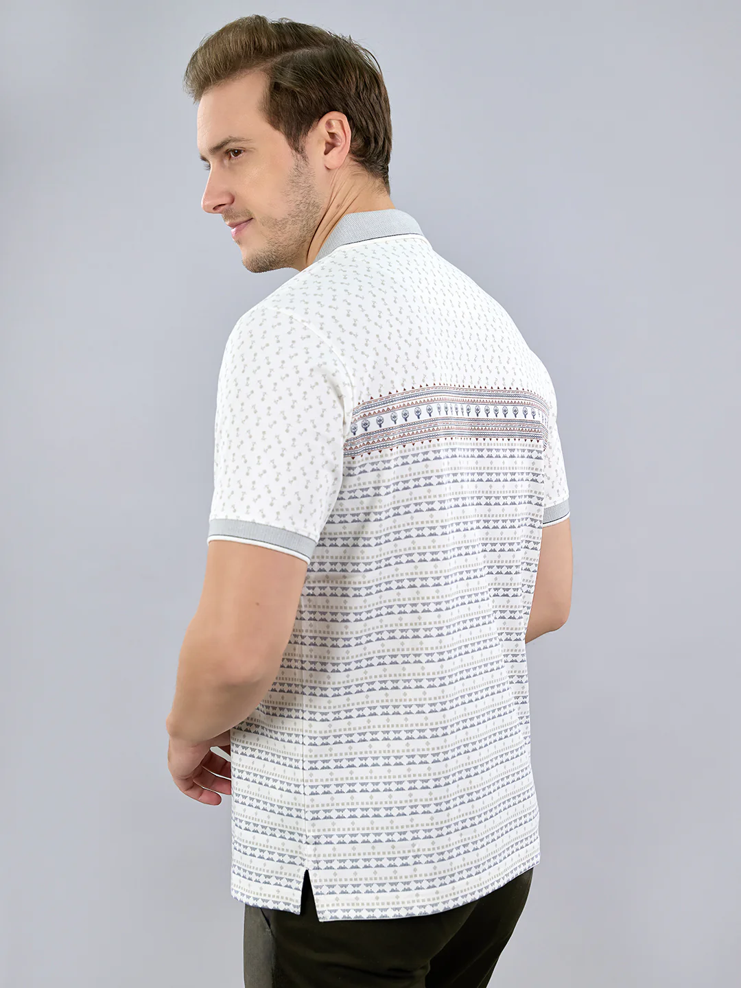 Men White Printed Polo Collar Half Sleeve T-Shirt - Image 4