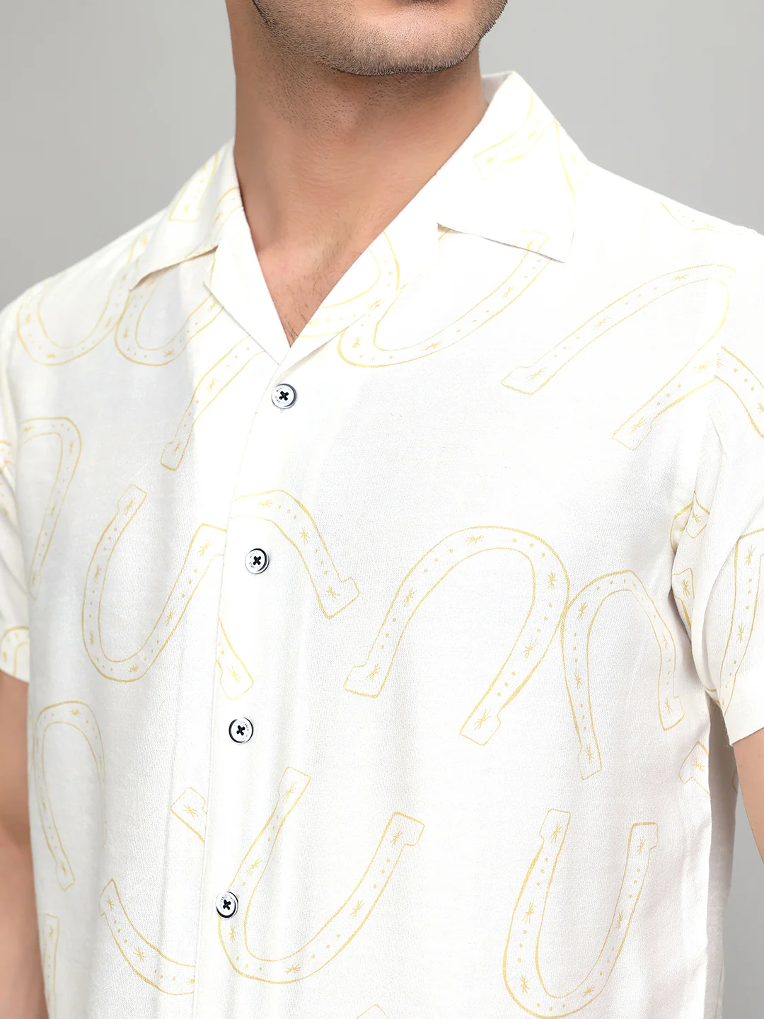 Men White Printed Revere Collar Half Sleeve Cords Set - Image 4