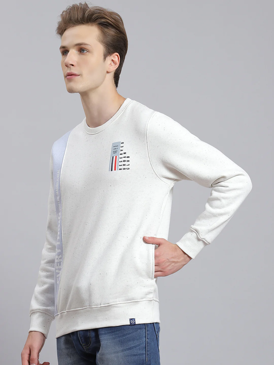 Men White Printed Round Neck Full Sleeve Sweatshirt - Image 3