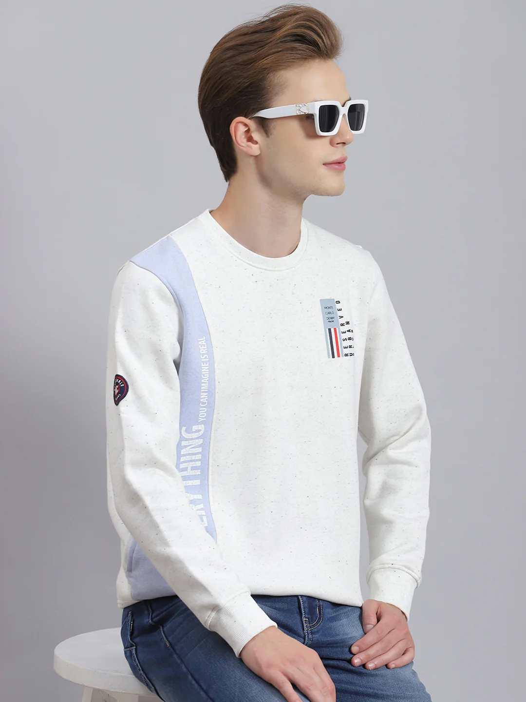 Men White Printed Round Neck Full Sleeve Sweatshirt - Image 5