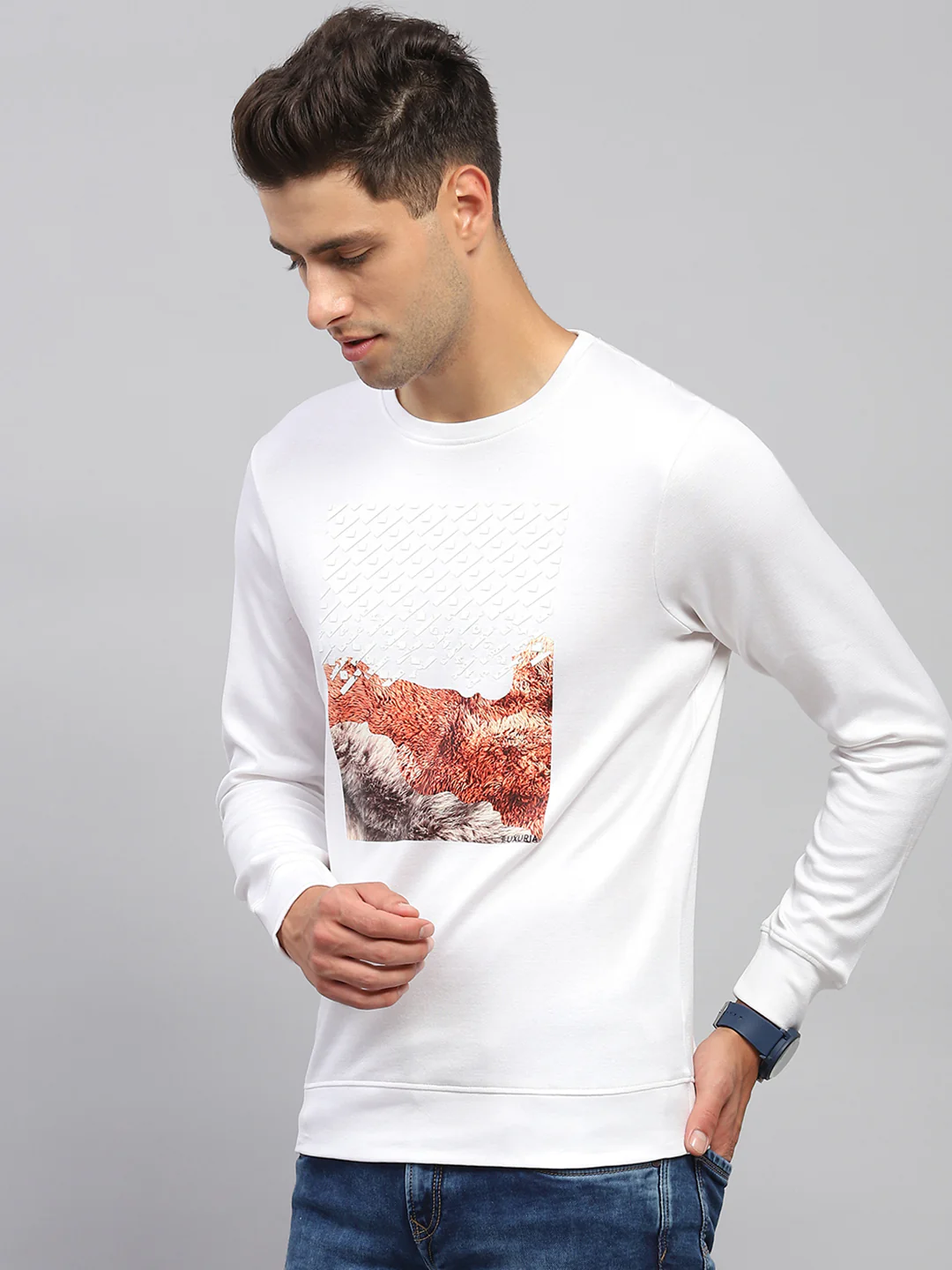 Men White Printed Round Neck Full Sleeve Sweatshirt - Image 3