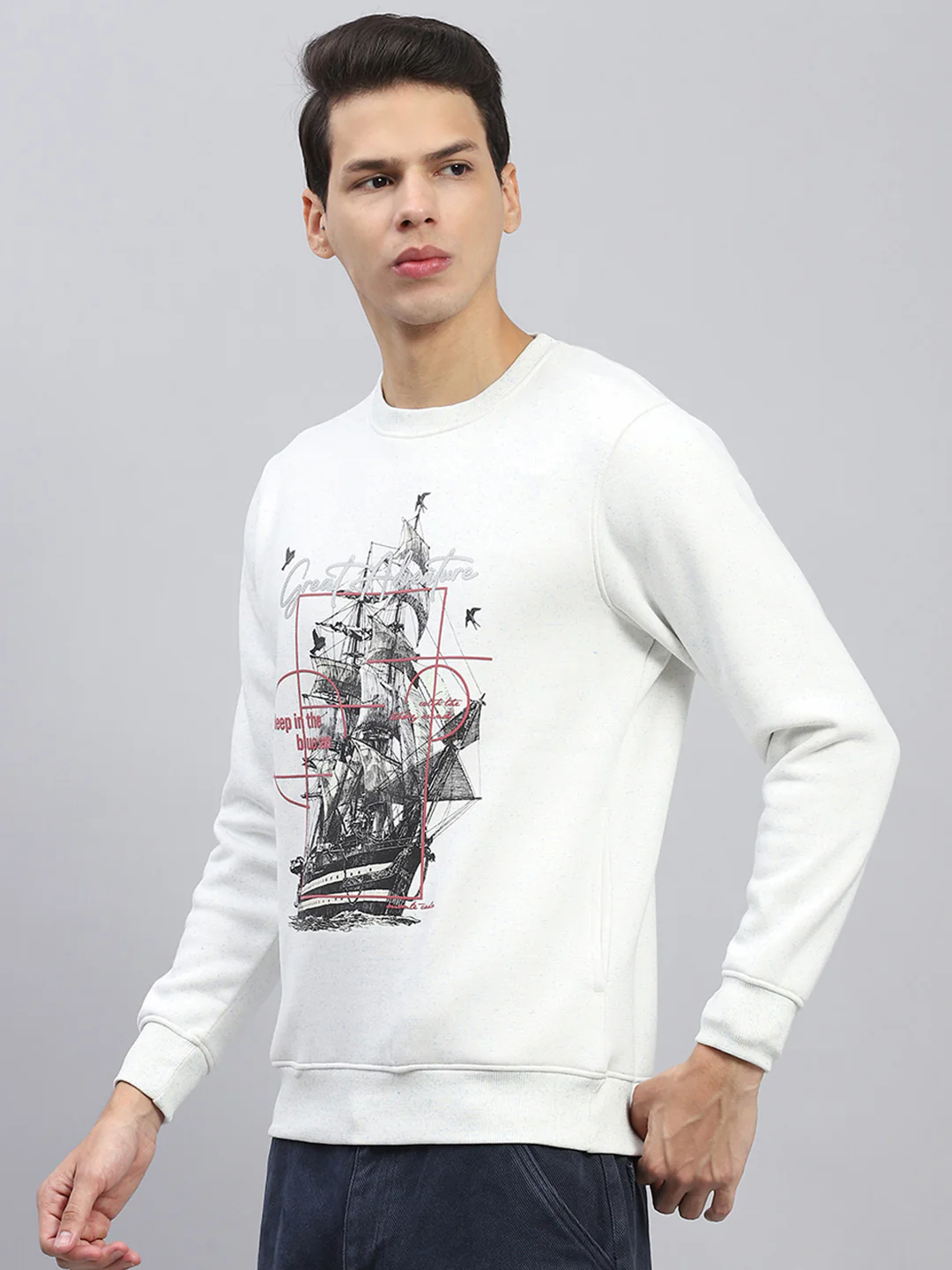 Men White Printed Round Neck Full Sleeve Sweatshirt - Image 3