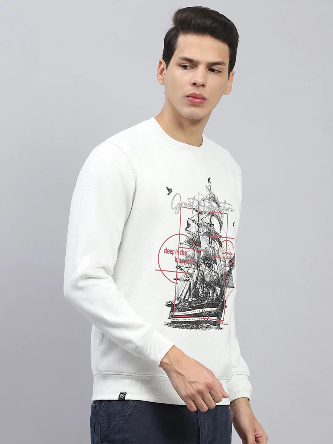 Men White Printed Round Neck Full Sleeve Sweatshirt - Image 4
