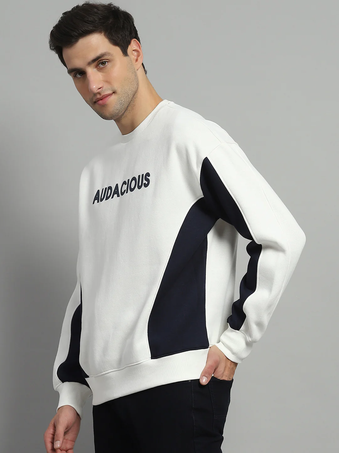 Men White Printed Round Neck Full Sleeve Sweatshirt - Image 3