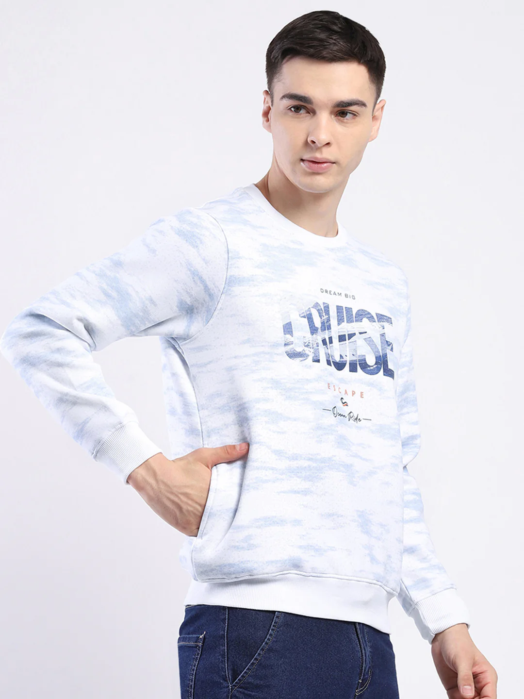 Men White Printed Round Neck Full Sleeve Sweatshirt - Image 4