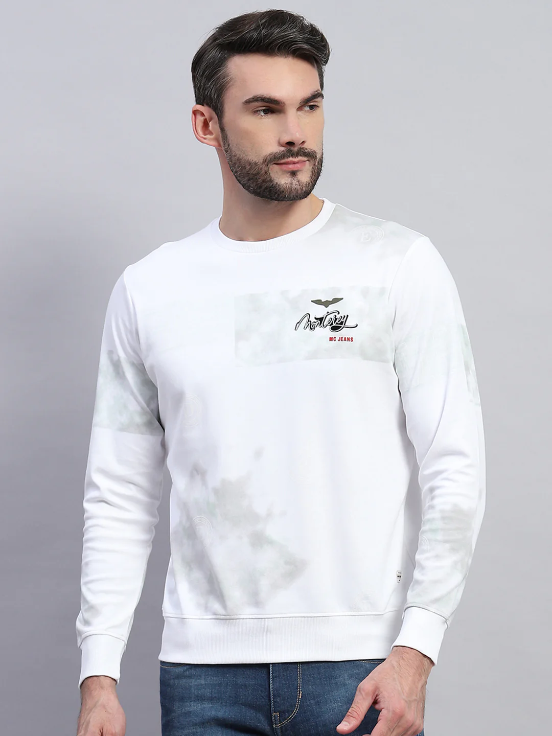 Men White Printed Round Neck Full Sleeve T-Shirt - Image 2