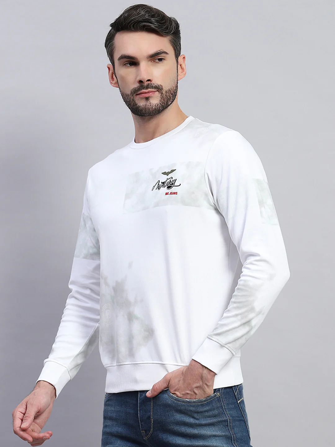 Men White Printed Round Neck Full Sleeve T-Shirt - Image 3