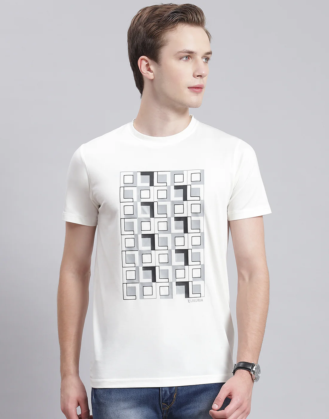 Men White Printed Round Neck Half Sleeve T-Shirt - Image 2