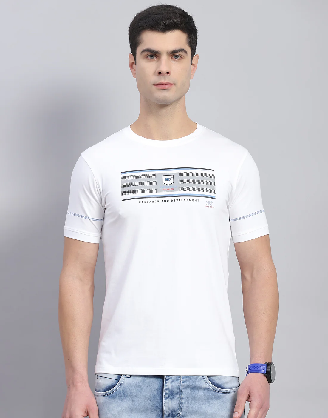 Men White Printed Round Neck Half Sleeve T-Shirt - Image 3