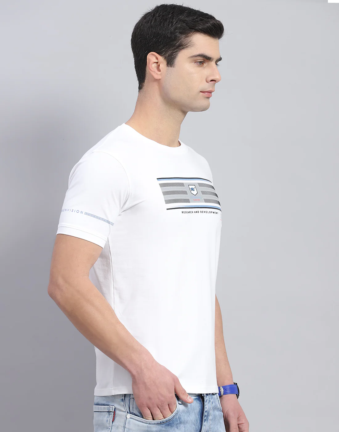 Men White Printed Round Neck Half Sleeve T-Shirt - Image 5