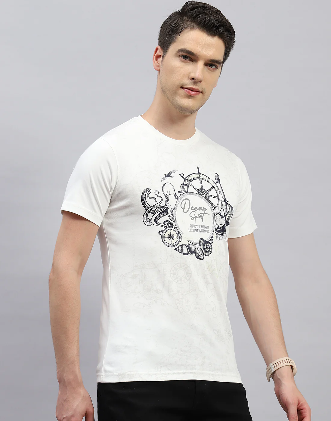 Men White Printed Round Neck Half Sleeve T-Shirt - Image 4