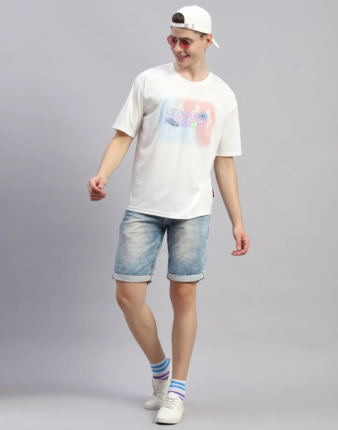 Men White Printed Round Neck Half Sleeve T-Shirt - Image 2