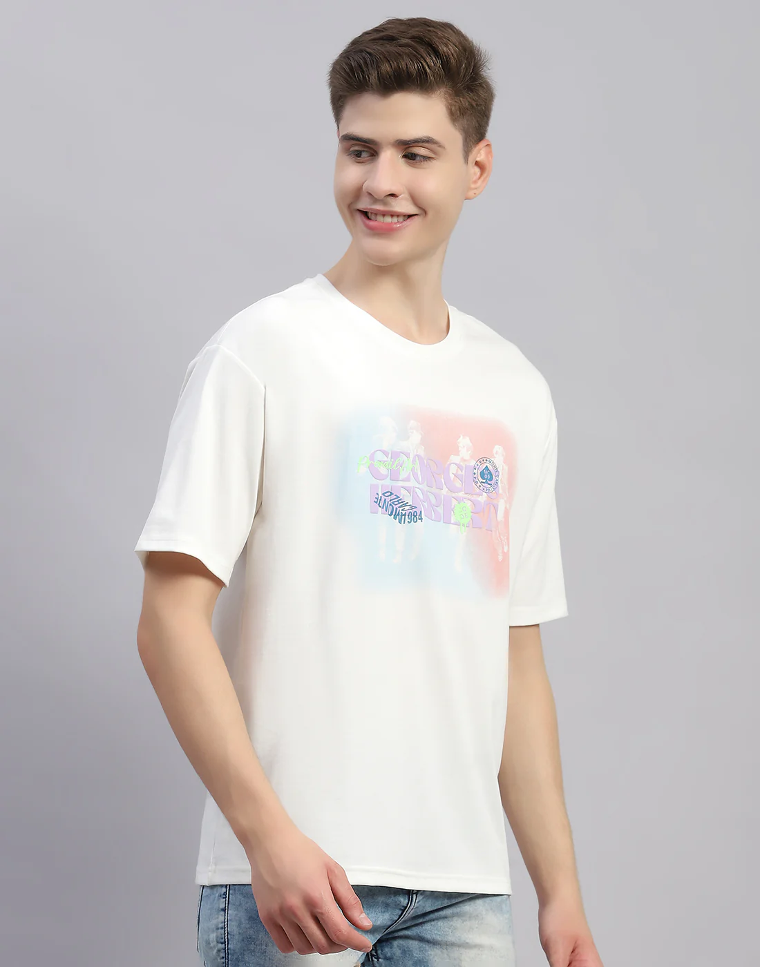 Men White Printed Round Neck Half Sleeve T-Shirt - Image 4