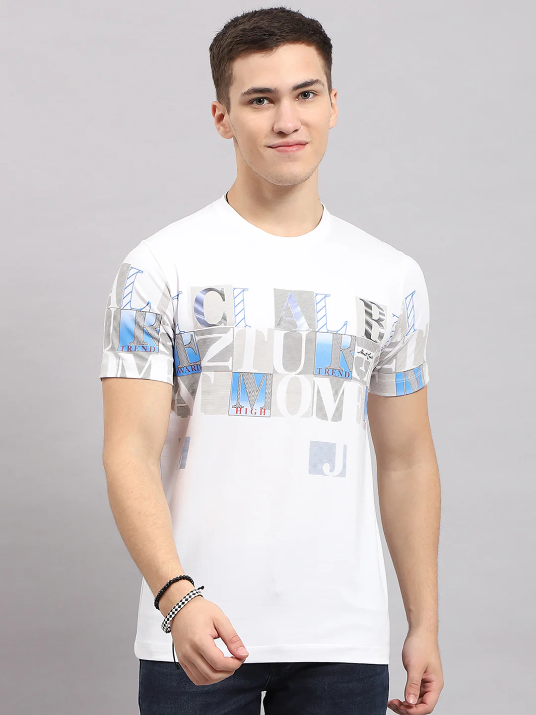 Men White Printed Round Neck Half Sleeve T-Shirt - Image 2