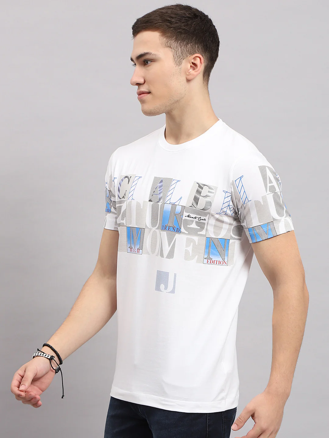 Men White Printed Round Neck Half Sleeve T-Shirt - Image 3