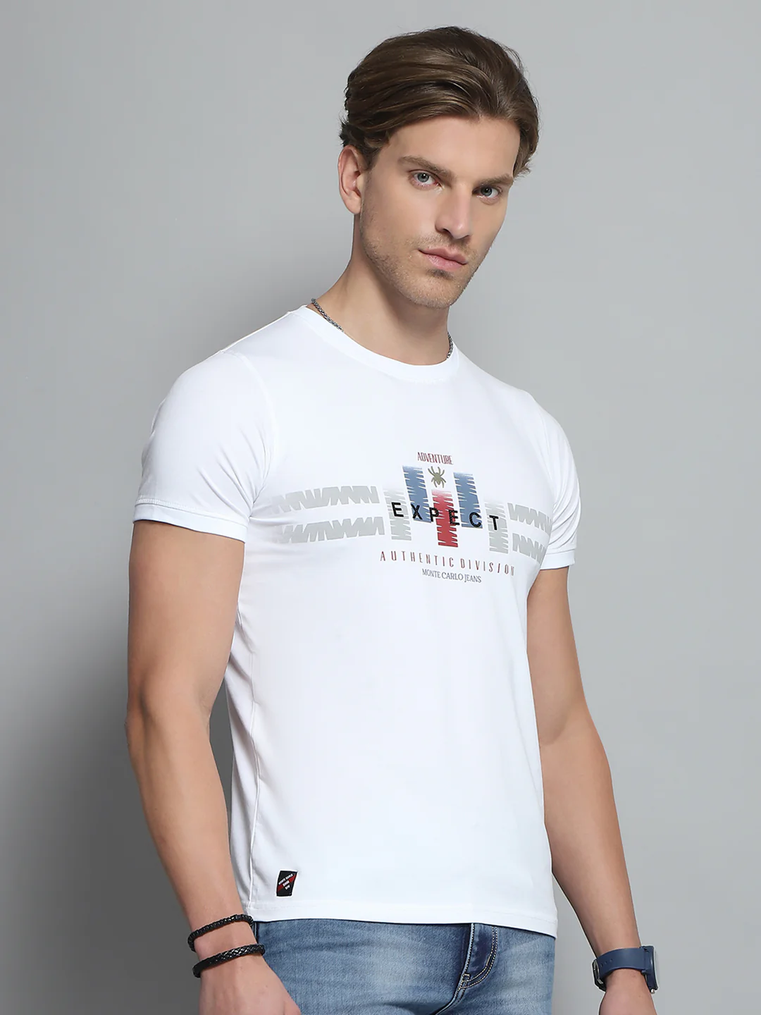 Men White Printed Round Neck Half Sleeve T-Shirt - Image 4