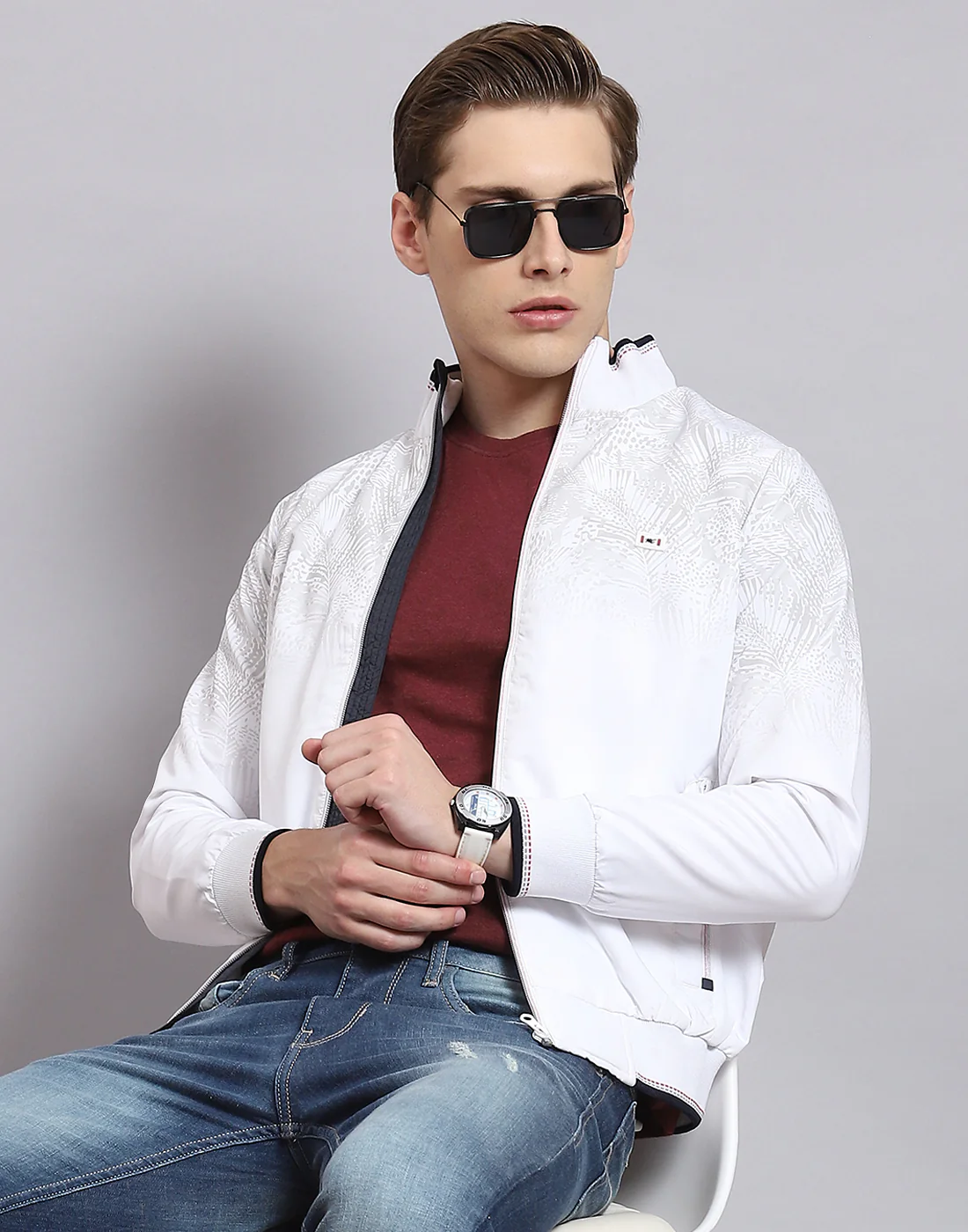 Men White Printed Stand Collar Full Sleeve Jacket - Image 2
