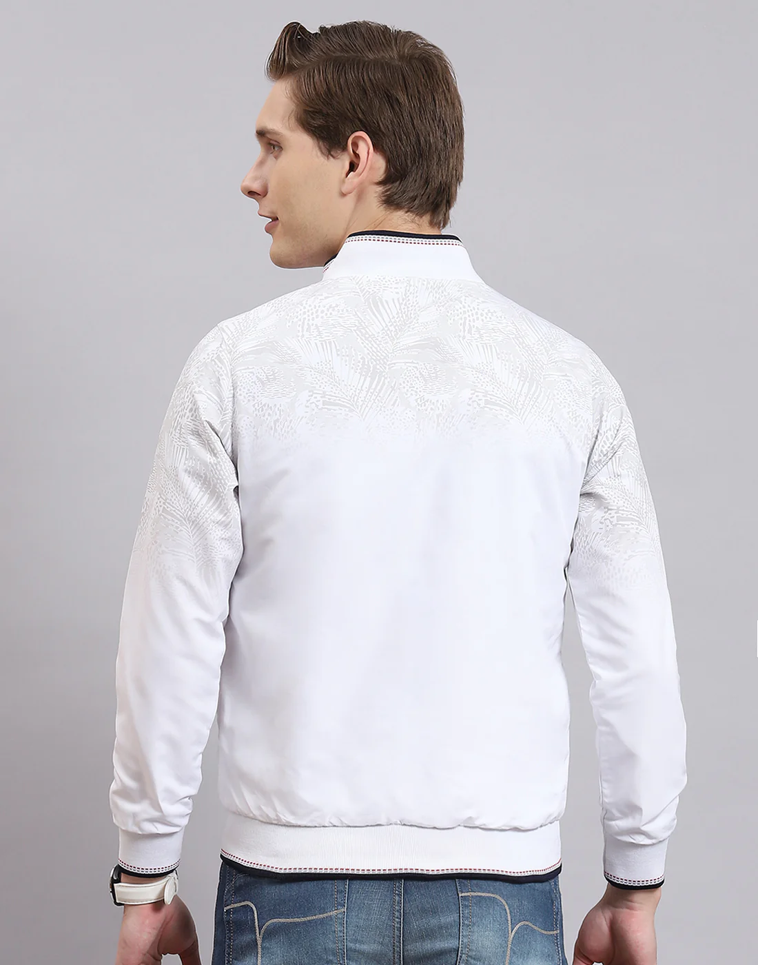 Men White Printed Stand Collar Full Sleeve Jacket - Image 7