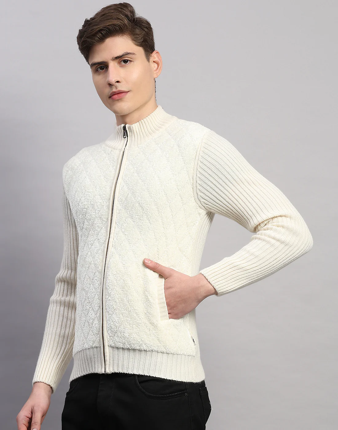 Men White Printed Turtle Neck Full Sleeve Pullover - Image 2