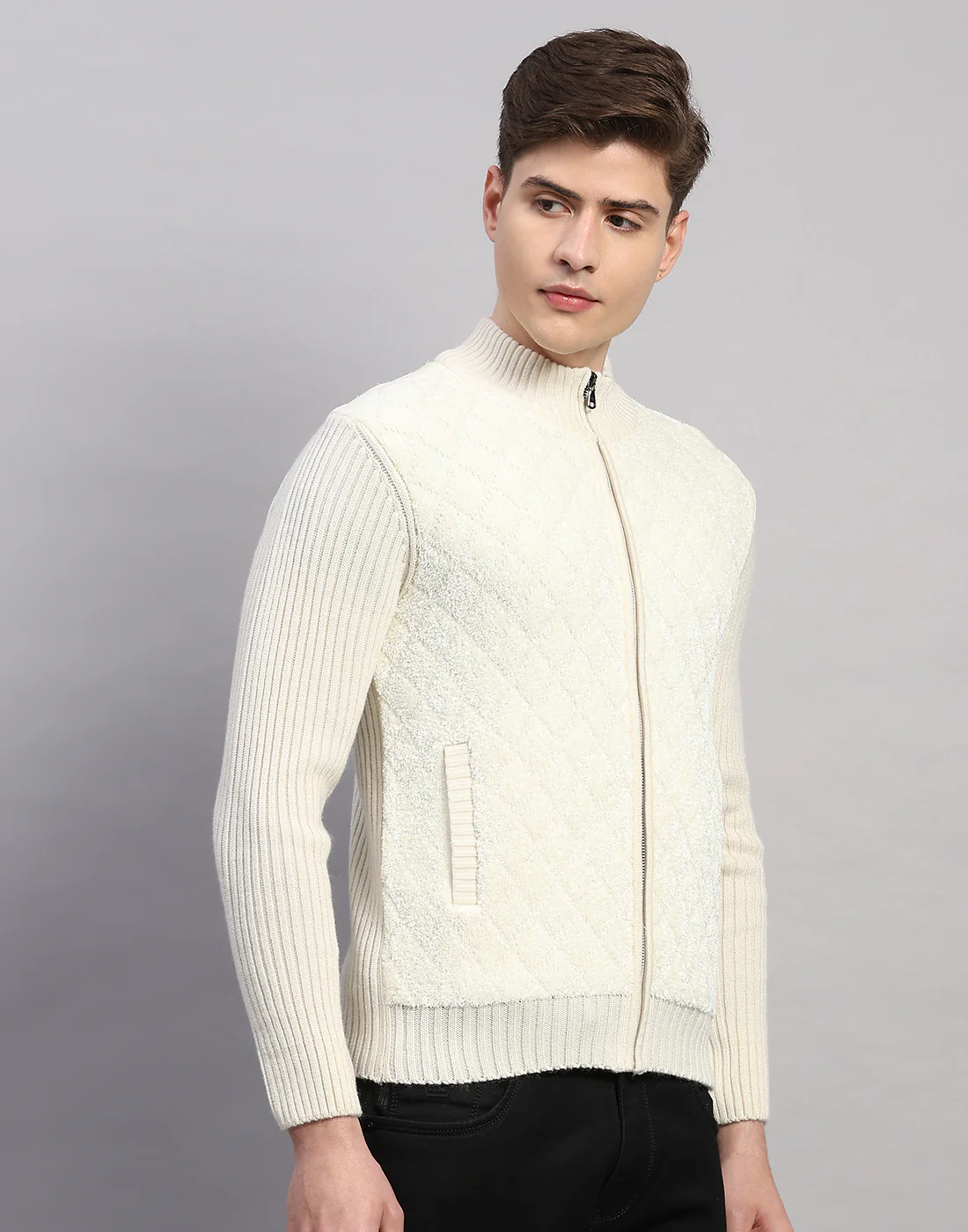 Men White Printed Turtle Neck Full Sleeve Pullover - Image 3