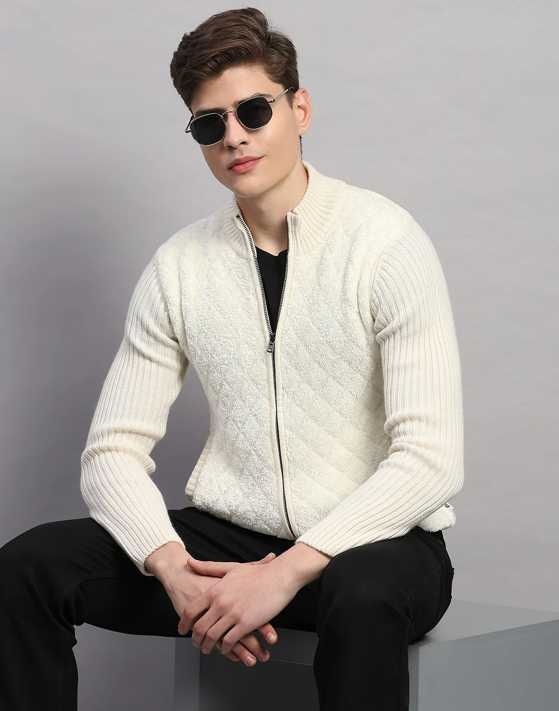 Men White Printed Turtle Neck Full Sleeve Pullover - Image 6