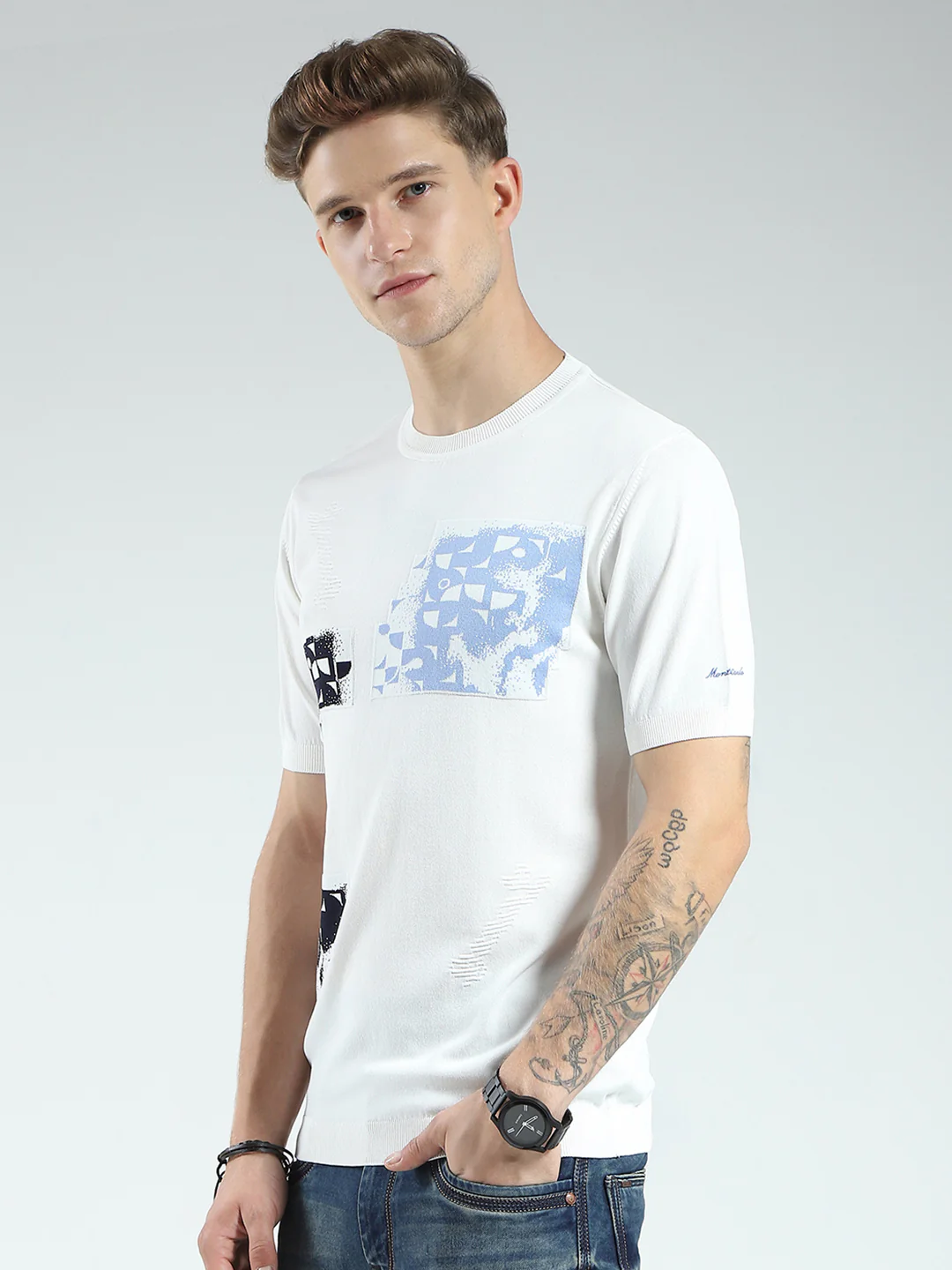 Men White Printed Round Neck Half Sleeve T-Shirt - Image 3