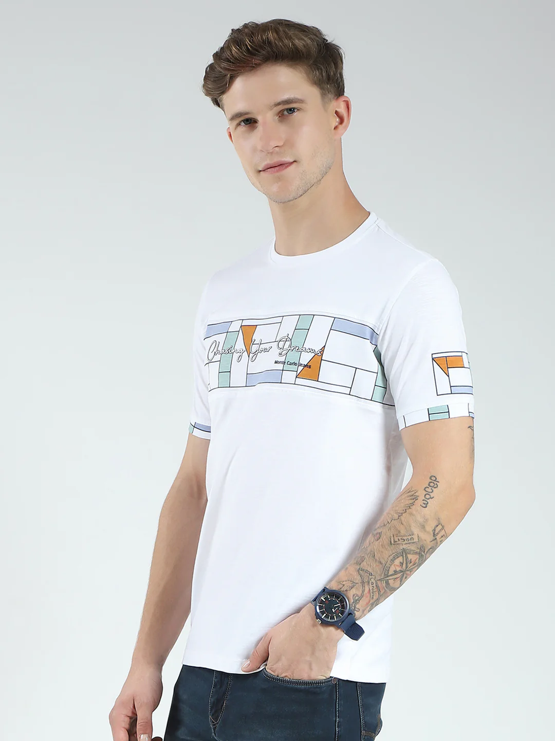 Men White Printed Round Neck Half Sleeve T-Shirt - Image 3
