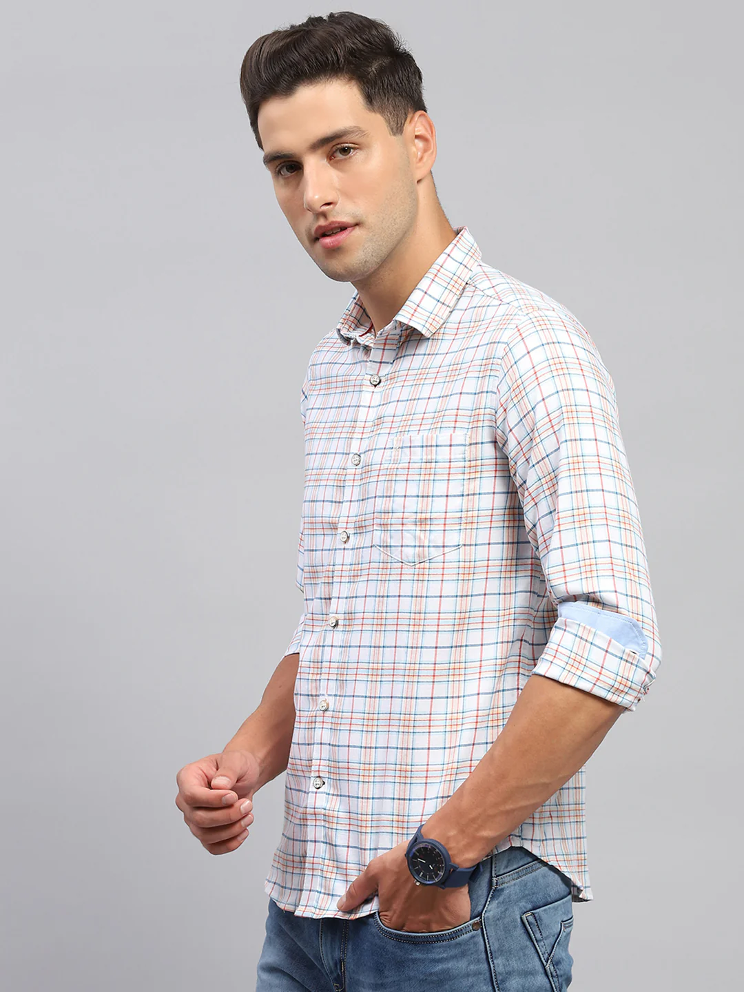 Men White & Red Check Spread Collar Full Sleeve Shirt - Image 3