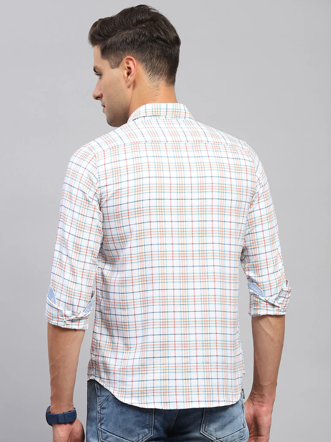 Men White & Red Check Spread Collar Full Sleeve Shirt - Image 5