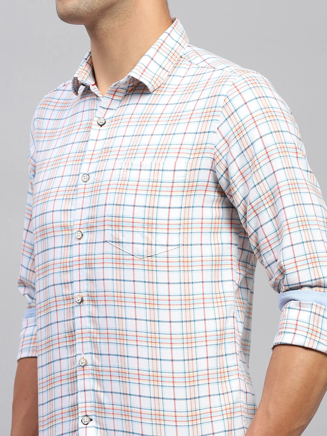 Men White & Red Check Spread Collar Full Sleeve Shirt - Image 6