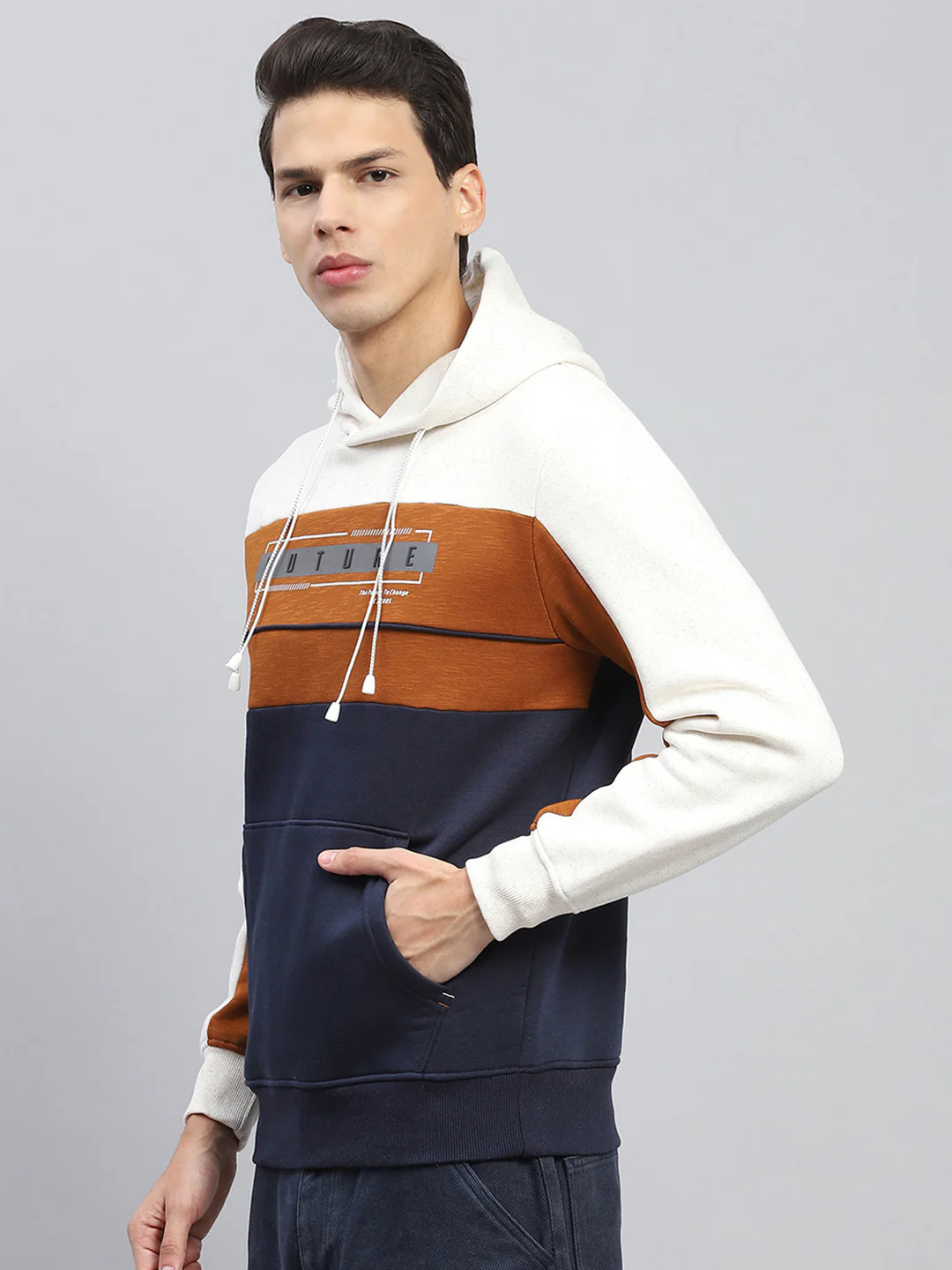 Men White & Rust Printed Hooded Full Sleeve Sweatshirt - Image 3