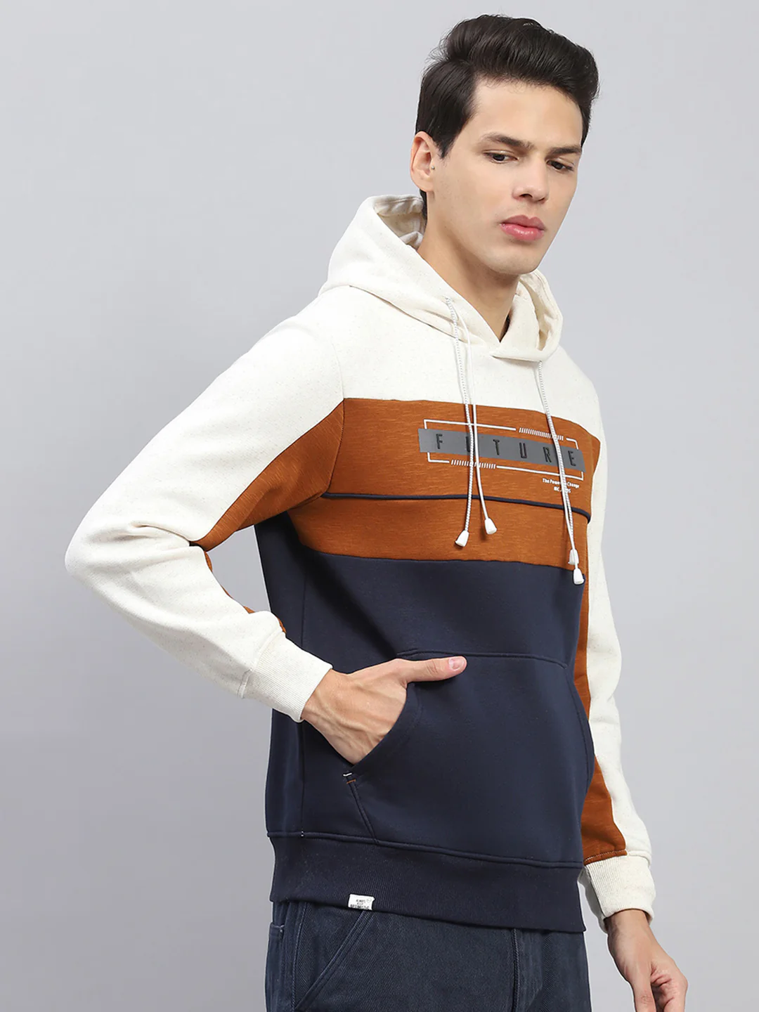 Men White & Rust Printed Hooded Full Sleeve Sweatshirt - Image 4