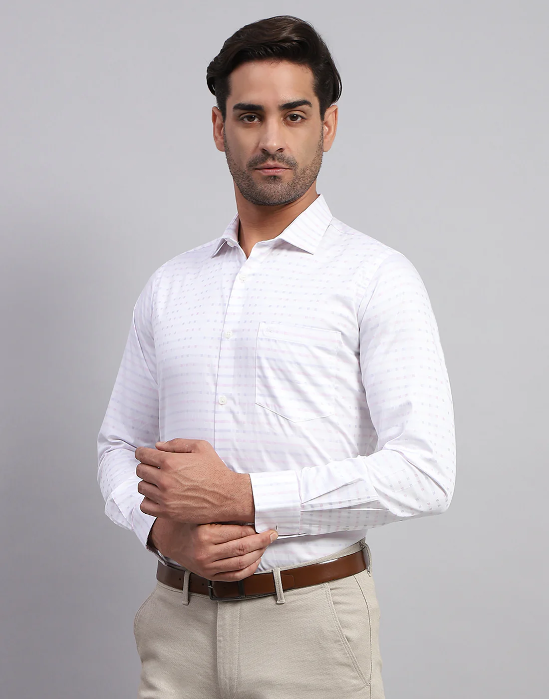 Men White Self Design Collar Full Sleeve Shirt - Image 3