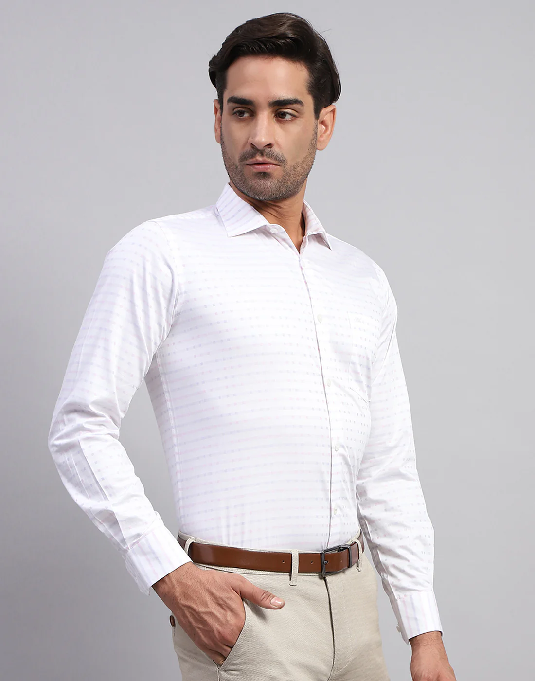 Men White Self Design Collar Full Sleeve Shirt - Image 4