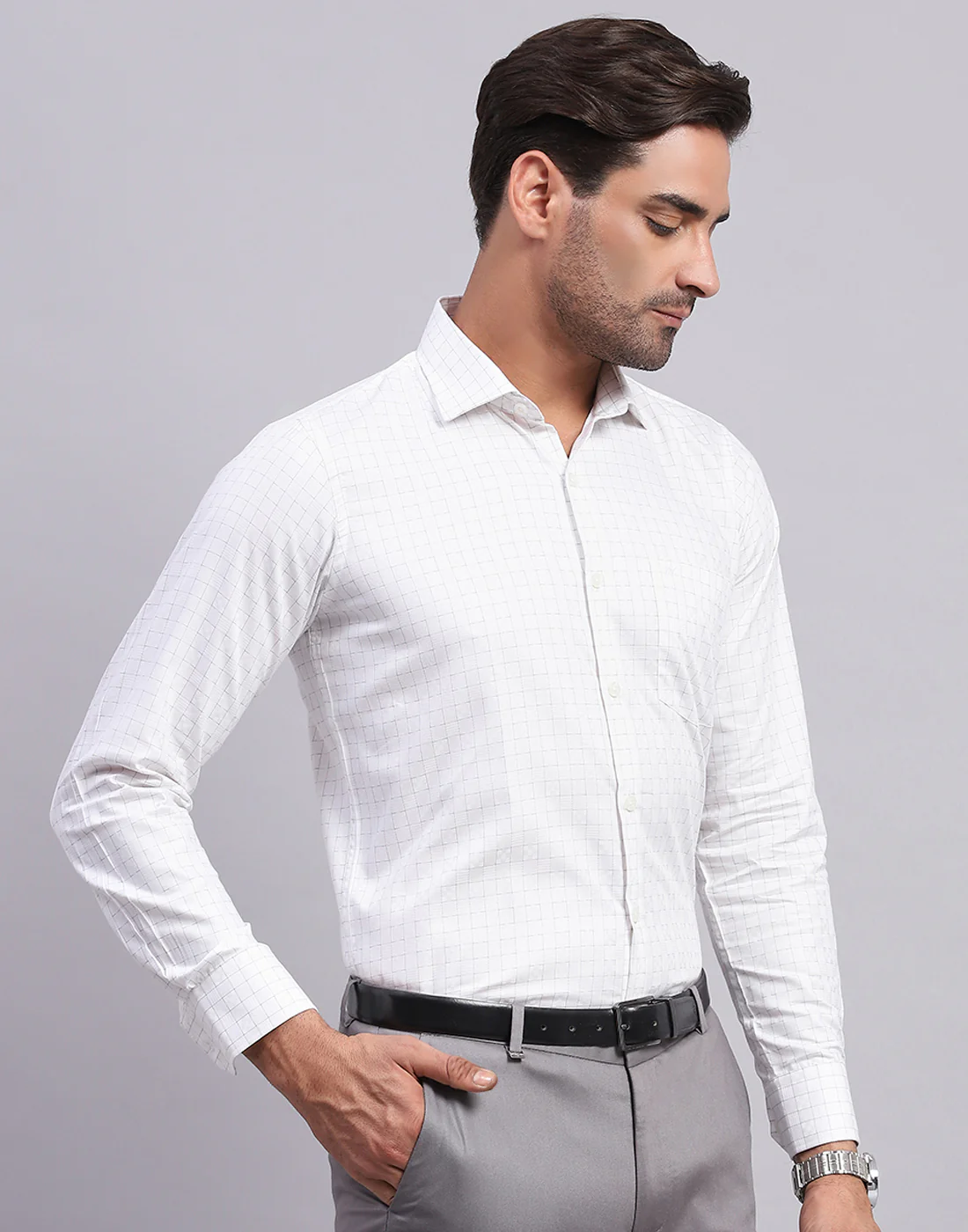 Men White Self Design Collar Full Sleeve Shirt - Image 4
