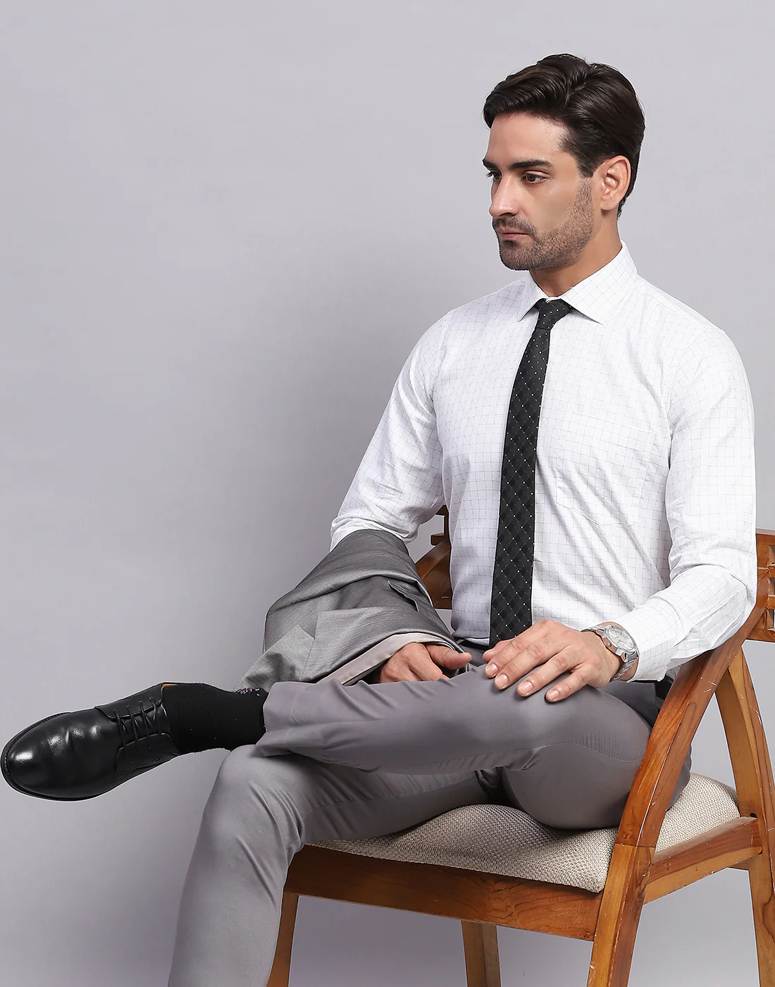 Men White Self Design Collar Full Sleeve Shirt - Image 6