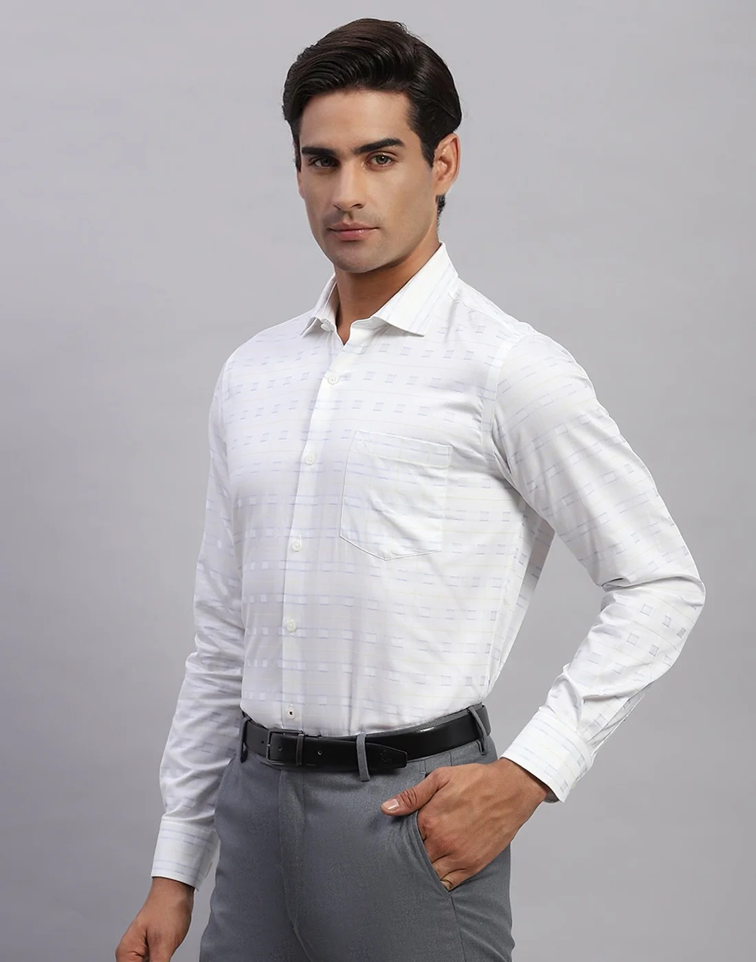 Men White Self Design Collar Full Sleeve Shirt - Image 3