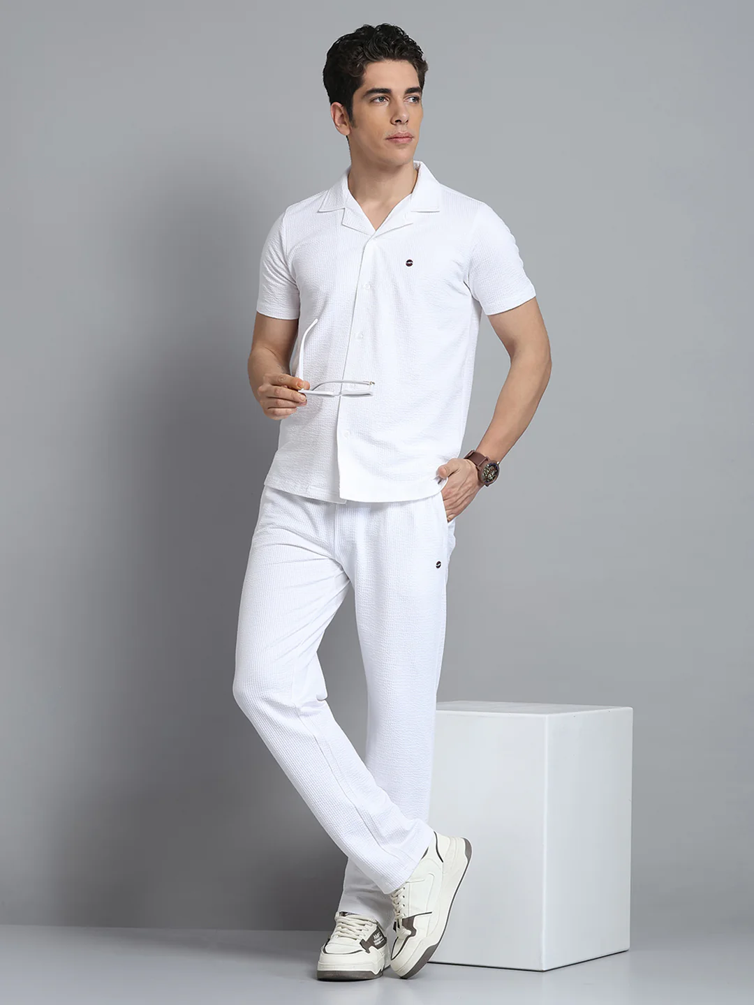 Men White Self Design Collar Half Sleeve Lower Set - Image 2