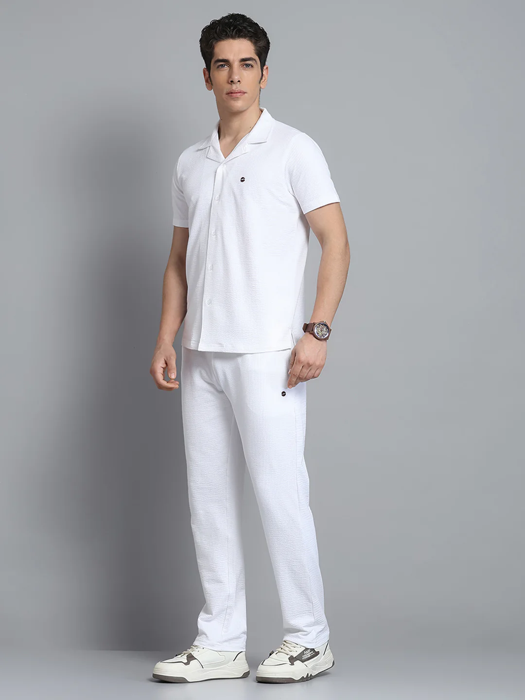 Men White Self Design Collar Half Sleeve Lower Set - Image 3