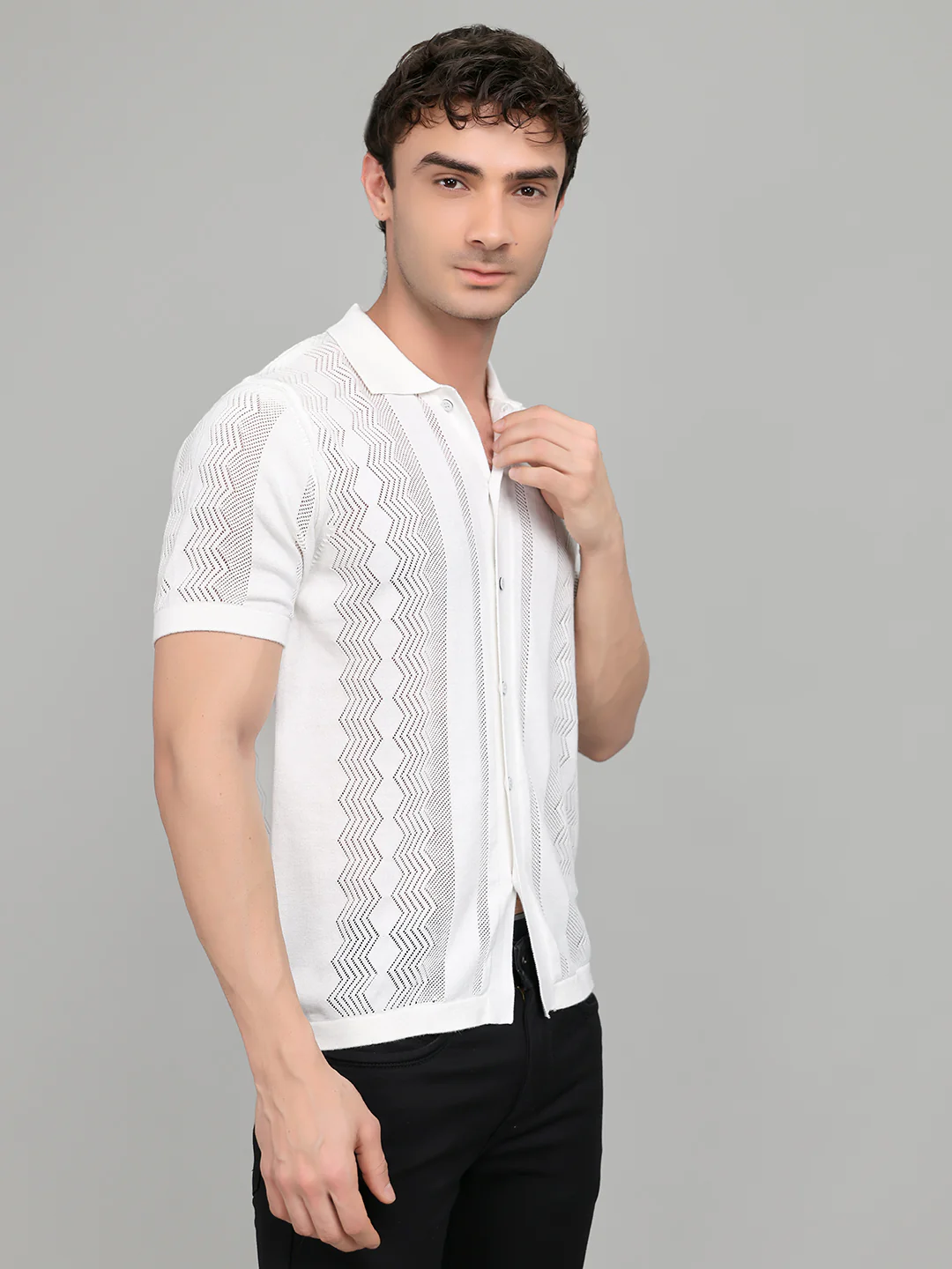 Men White Self Design Collar Half Sleeve Shirt - Image 3