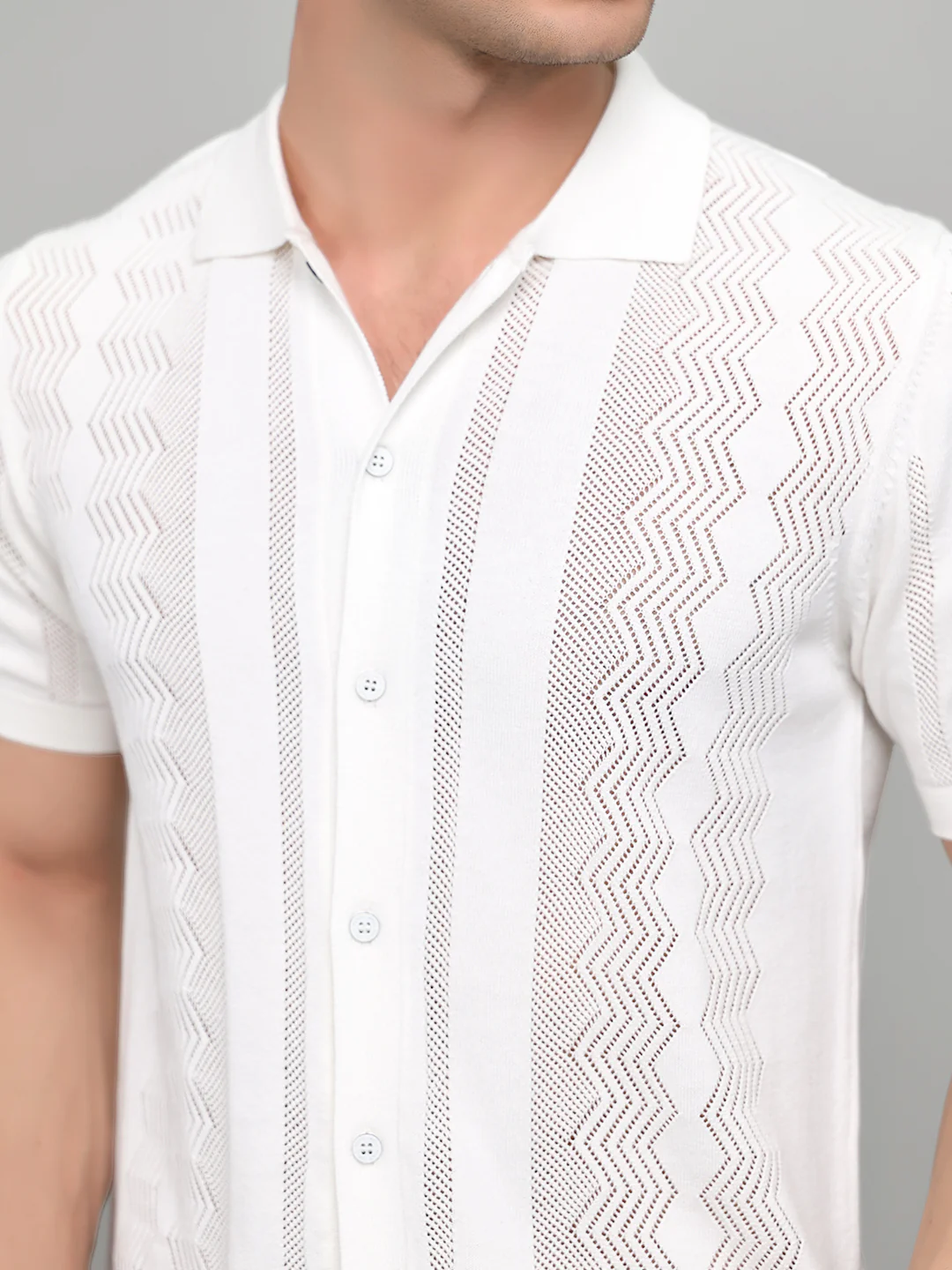 Men White Self Design Collar Half Sleeve Shirt - Image 5
