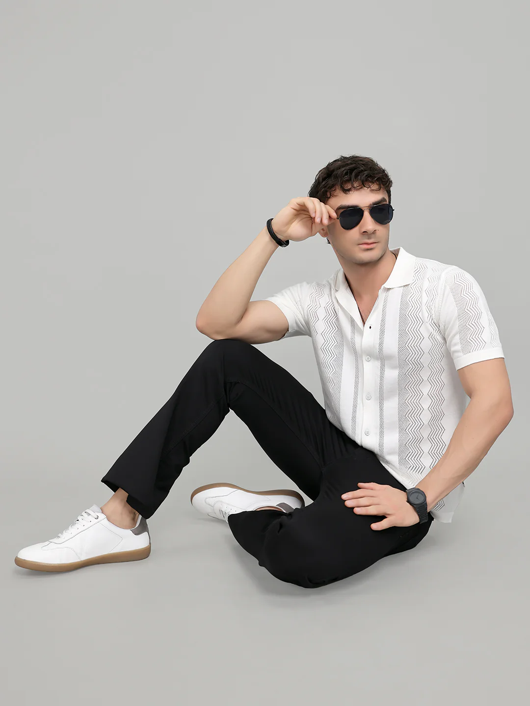 Men White Self Design Collar Half Sleeve Shirt - Image 6